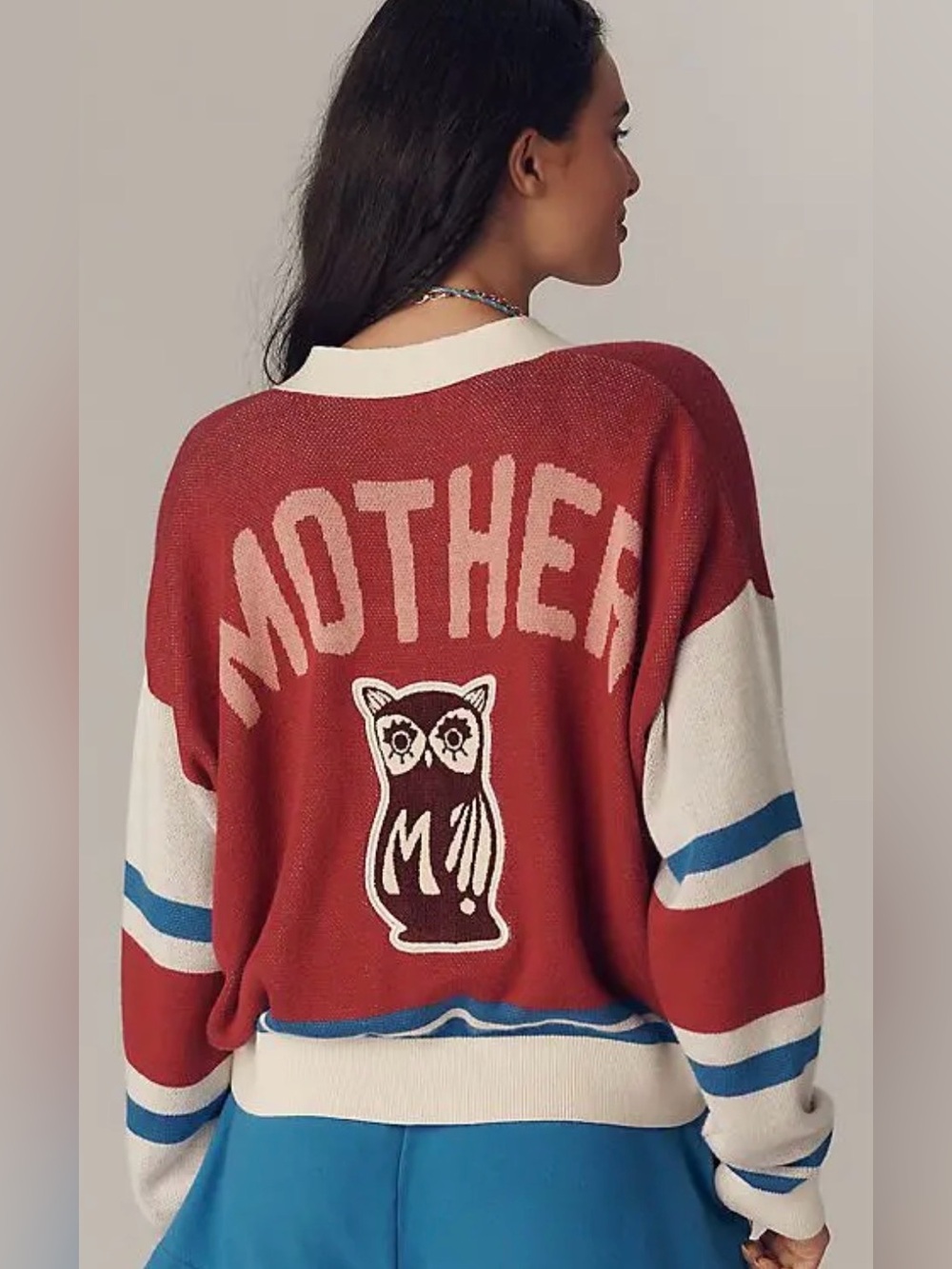 MOTHER The Boxy Cardigan Sweater Red and Cream Varsity Patch Owl, butterfly